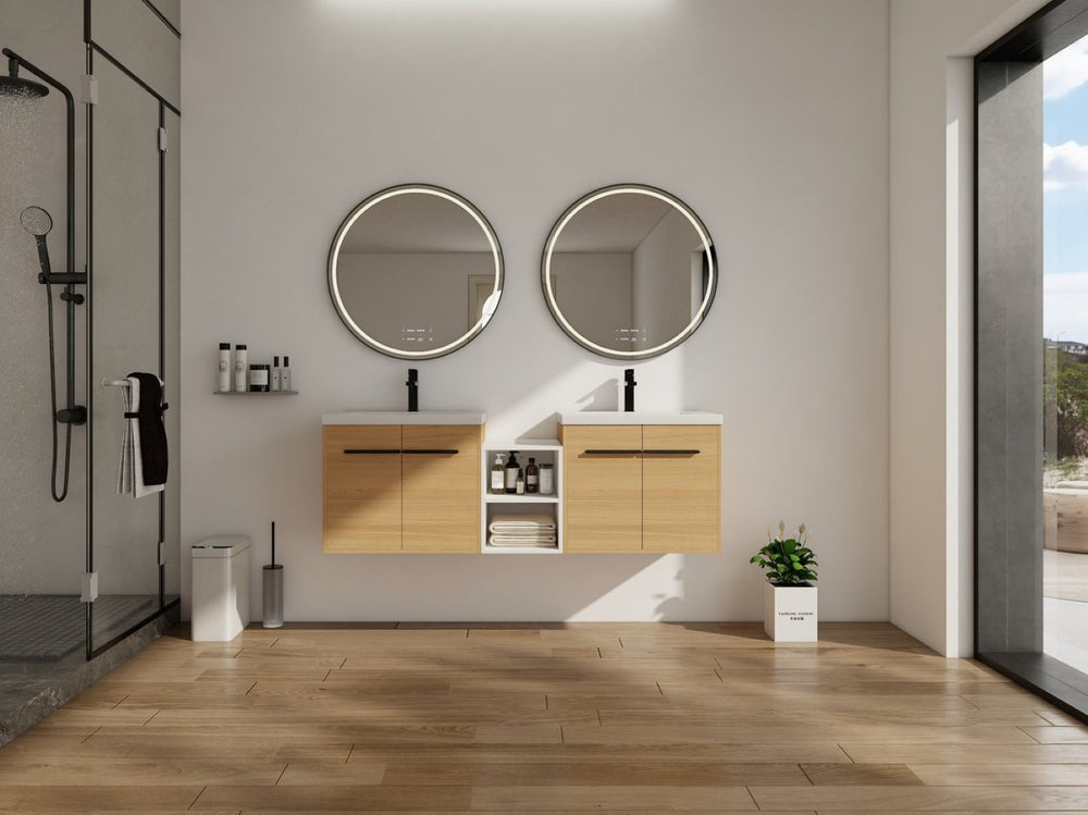 English Elm 60 Inch Wall Hung Bathroom Vanity Wood Grain Resin Sink Soft Close Modern Storage W1972S00053