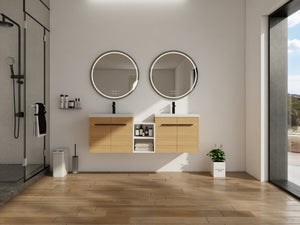 English Elm 60 Inch Wall Hung Bathroom Vanity Wood Grain Resin Sink Soft Close Modern Storage W1972S00053