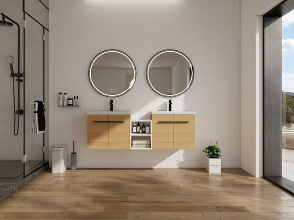 English Elm 60 Inch Wall Hung Bathroom Vanity Wood Grain Resin Sink Soft Close Modern Storage W1972S00053