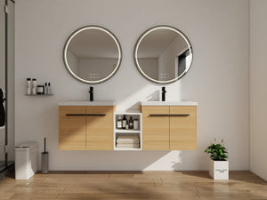 English Elm 60 Inch Wall Hung Bathroom Vanity Wood Grain Resin Sink Soft Close Modern Storage W1972S00053