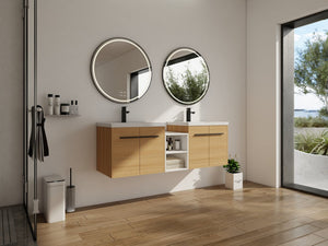 English Elm 60 Inch Wall Hung Bathroom Vanity Wood Grain Resin Sink Soft Close Modern Storage W1972S00053