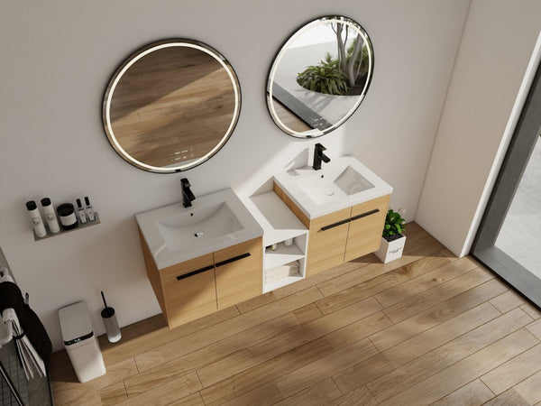 English Elm 60 Inch Wall Hung Bathroom Vanity Wood Grain Resin Sink Soft Close Modern Storage W1972S00053