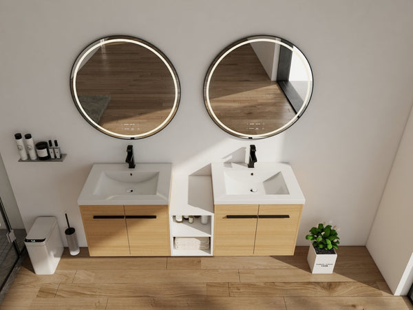 English Elm 60 Inch Wall Hung Bathroom Vanity Wood Grain Resin Sink Soft Close Modern Storage W1972S00053
