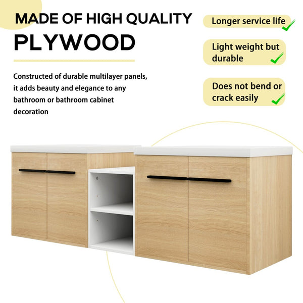English Elm 60 Inch Wall Hung Bathroom Vanity Wood Grain Resin Sink Soft Close Modern Storage W1972S00053