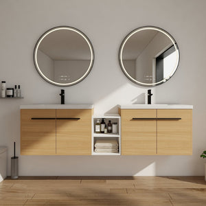 English Elm 72 Inch Wall Hung Bathroom Vanity Natural Wood Grain Resin Sink Soft Close Storage Glossy White/Oak W1972S00054