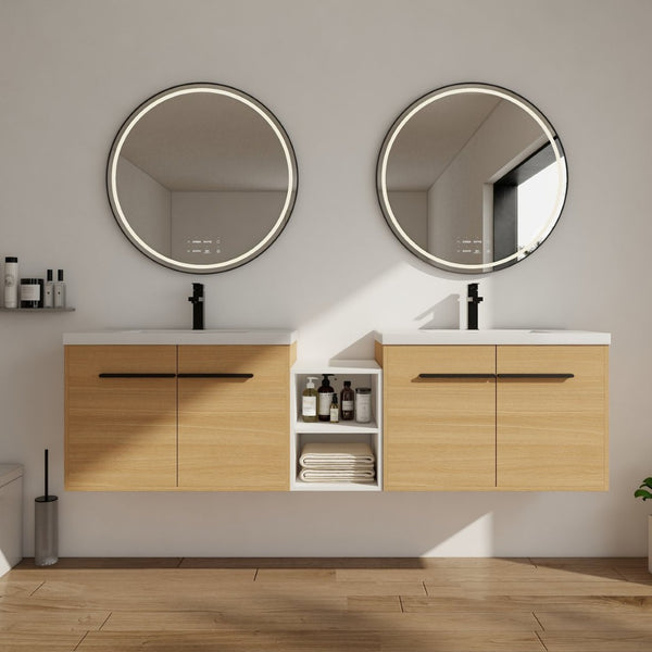 English Elm 72 Inch Wall Hung Bathroom Vanity Natural Wood Grain Resin Sink Soft Close Storage Glossy White/Oak W1972S00054