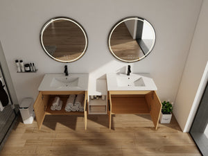 English Elm 72 Inch Wall Hung Bathroom Vanity Natural Wood Grain Resin Sink Soft Close Storage Glossy White/Oak W1972S00054