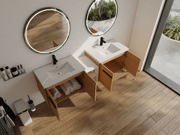 English Elm 72 Inch Wall Hung Bathroom Vanity Natural Wood Grain Resin Sink Soft Close Storage Glossy White/Oak W1972S00054