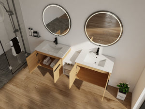 English Elm 72 Inch Wall Hung Bathroom Vanity Natural Wood Grain Resin Sink Soft Close Storage Glossy White/Oak W1972S00054