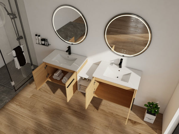 English Elm 72 Inch Wall Hung Bathroom Vanity Natural Wood Grain Resin Sink Soft Close Storage Glossy White/Oak W1972S00054