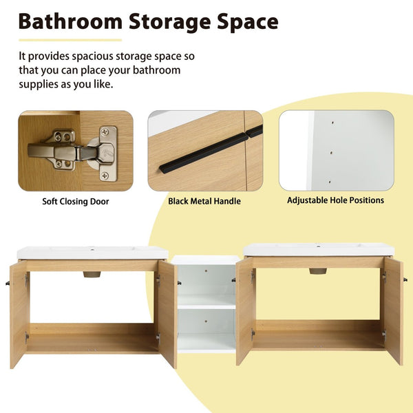English Elm 72 Inch Wall Hung Bathroom Vanity Natural Wood Grain Resin Sink Soft Close Storage Glossy White/Oak W1972S00054