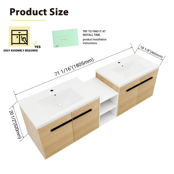 English Elm 72 Inch Wall Hung Bathroom Vanity Natural Wood Grain Resin Sink Soft Close Storage Glossy White/Oak W1972S00054