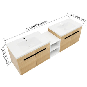 English Elm 72 Inch Wall Hung Bathroom Vanity Natural Wood Grain Resin Sink Soft Close Storage Glossy White/Oak W1972S00054