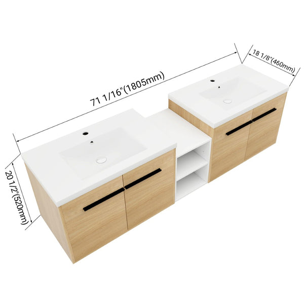 English Elm 72 Inch Wall Hung Bathroom Vanity Natural Wood Grain Resin Sink Soft Close Storage Glossy White/Oak W1972S00054