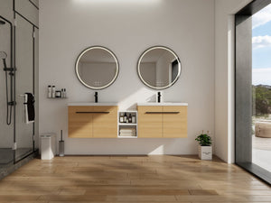 English Elm 72 Inch Wall Hung Bathroom Vanity Natural Wood Grain Resin Sink Soft Close Storage Glossy White/Oak W1972S00054