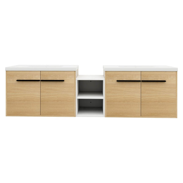 English Elm 72 Inch Wall Hung Bathroom Vanity Natural Wood Grain Resin Sink Soft Close Storage Glossy White/Oak W1972S00054