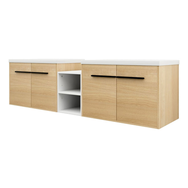 English Elm 72 Inch Wall Hung Bathroom Vanity Natural Wood Grain Resin Sink Soft Close Storage Glossy White/Oak W1972S00054