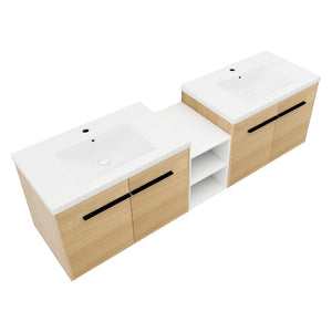 English Elm 72 Inch Wall Hung Bathroom Vanity Natural Wood Grain Resin Sink Soft Close Storage Glossy White/Oak W1972S00054