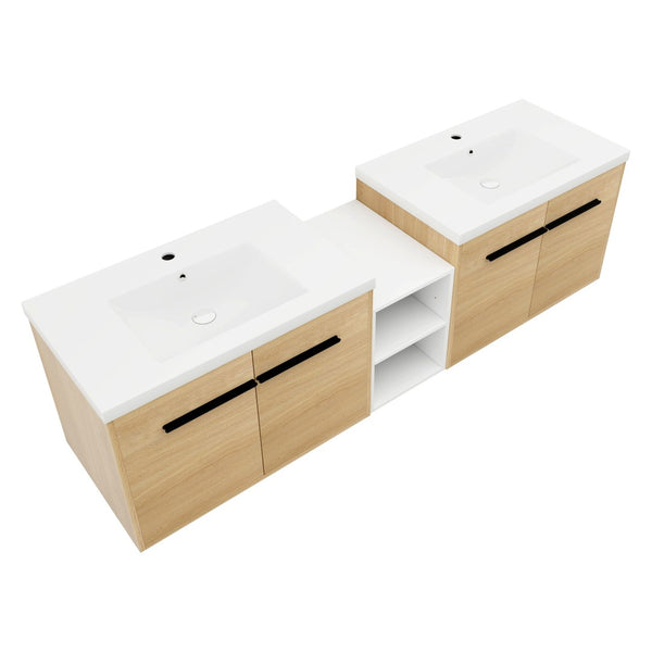 English Elm 72 Inch Wall Hung Bathroom Vanity Natural Wood Grain Resin Sink Soft Close Storage Glossy White/Oak W1972S00054