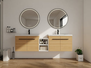 English Elm 72 Inch Wall Hung Bathroom Vanity Natural Wood Grain Resin Sink Soft Close Storage Glossy White/Oak W1972S00054