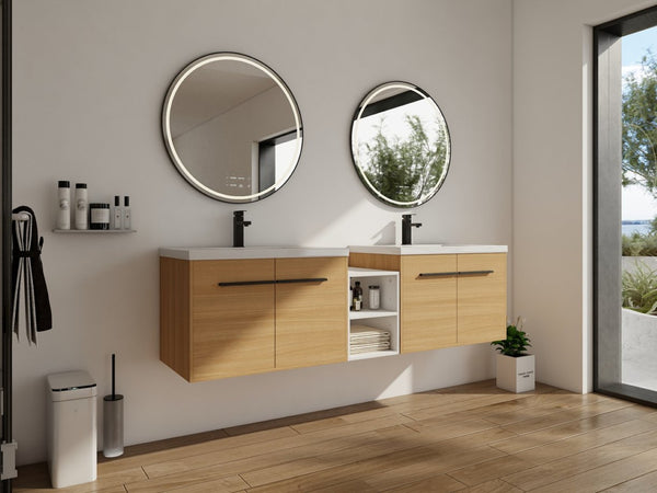 English Elm 72 Inch Wall Hung Bathroom Vanity Natural Wood Grain Resin Sink Soft Close Storage Glossy White/Oak W1972S00054