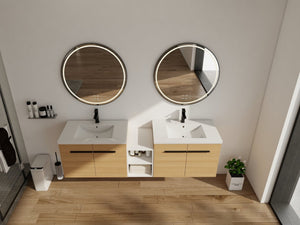 English Elm 72 Inch Wall Hung Bathroom Vanity Natural Wood Grain Resin Sink Soft Close Storage Glossy White/Oak W1972S00054
