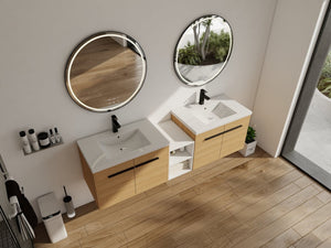 English Elm 72 Inch Wall Hung Bathroom Vanity Natural Wood Grain Resin Sink Soft Close Storage Glossy White/Oak W1972S00054