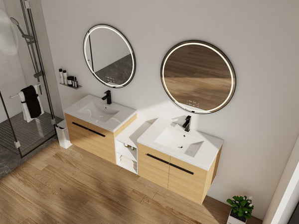 English Elm 72 Inch Wall Hung Bathroom Vanity Natural Wood Grain Resin Sink Soft Close Storage Glossy White/Oak W1972S00054