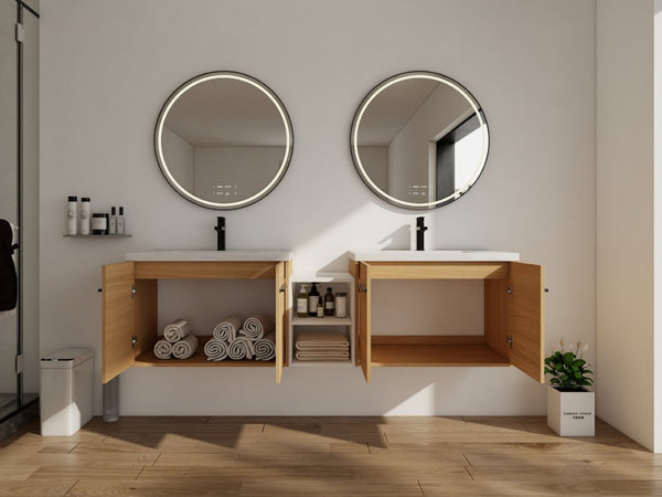 English Elm 72 Inch Wall Hung Bathroom Vanity Natural Wood Grain Resin Sink Soft Close Storage Glossy White/Oak W1972S00054