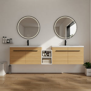 English Elm 84 Inch Wall Mounted Vanity with Resin Sink Natural Wood Grain Soft Close Doors Glossy White/Oak W1972S00055
