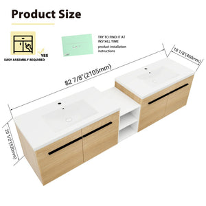 English Elm 84 Inch Wall Mounted Vanity with Resin Sink Natural Wood Grain Soft Close Doors Glossy White/Oak W1972S00055