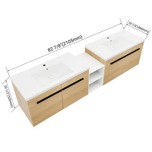 English Elm 84 Inch Wall Mounted Vanity with Resin Sink Natural Wood Grain Soft Close Doors Glossy White/Oak W1972S00055