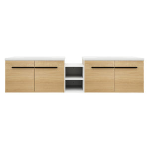 English Elm 84 Inch Wall Mounted Vanity with Resin Sink Natural Wood Grain Soft Close Doors Glossy White/Oak W1972S00055