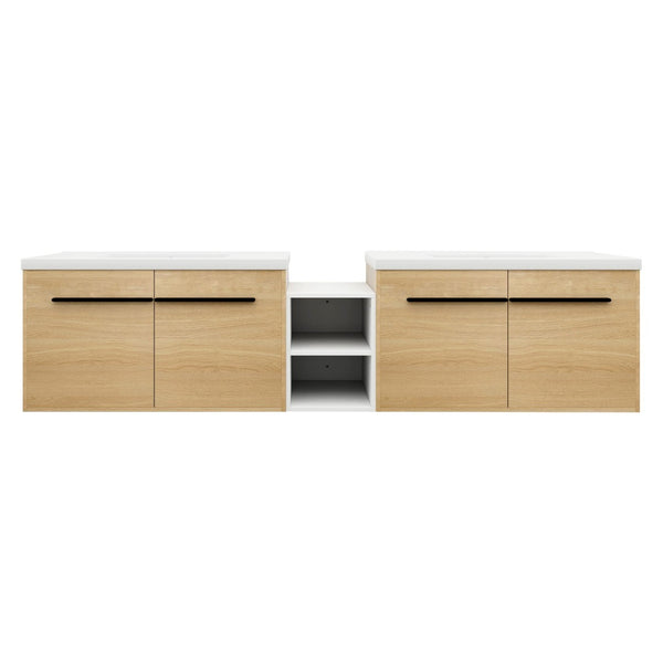 English Elm 84 Inch Wall Mounted Vanity with Resin Sink Natural Wood Grain Soft Close Doors Glossy White/Oak W1972S00055