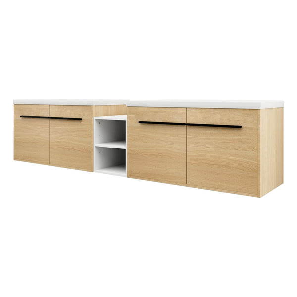 English Elm 84 Inch Wall Mounted Vanity with Resin Sink Natural Wood Grain Soft Close Doors Glossy White/Oak W1972S00055