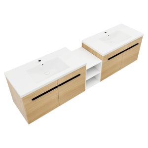 English Elm 84 Inch Wall Mounted Vanity with Resin Sink Natural Wood Grain Soft Close Doors Glossy White/Oak W1972S00055