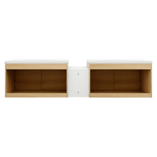 English Elm 84 Inch Wall Mounted Vanity with Resin Sink Natural Wood Grain Soft Close Doors Glossy White/Oak W1972S00055