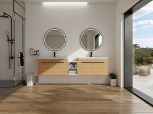 English Elm 84 Inch Wall Mounted Vanity with Resin Sink Natural Wood Grain Soft Close Doors Glossy White/Oak W1972S00055