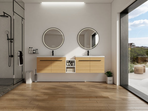 English Elm 84 Inch Wall Mounted Vanity with Resin Sink Natural Wood Grain Soft Close Doors Glossy White/Oak W1972S00055