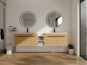 English Elm 84 Inch Wall Mounted Vanity with Resin Sink Natural Wood Grain Soft Close Doors Glossy White/Oak W1972S00055