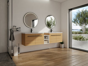 English Elm 84 Inch Wall Mounted Vanity with Resin Sink Natural Wood Grain Soft Close Doors Glossy White/Oak W1972S00055