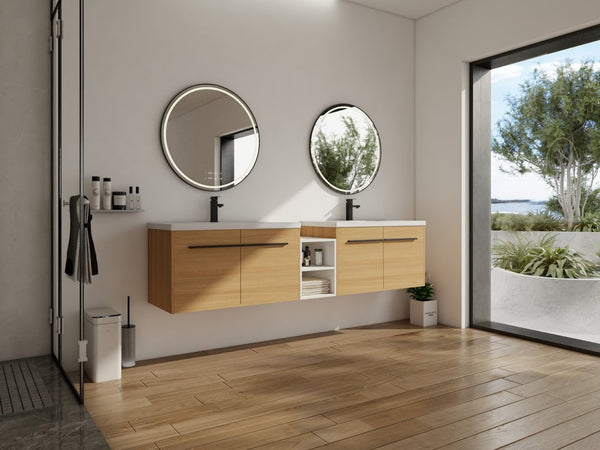 English Elm 84 Inch Wall Mounted Vanity with Resin Sink Natural Wood Grain Soft Close Doors Glossy White/Oak W1972S00055