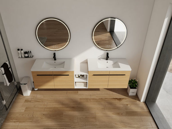 English Elm 84 Inch Wall Mounted Vanity with Resin Sink Natural Wood Grain Soft Close Doors Glossy White/Oak W1972S00055