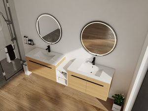 English Elm 84 Inch Wall Mounted Vanity with Resin Sink Natural Wood Grain Soft Close Doors Glossy White/Oak W1972S00055