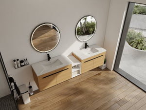 English Elm 84 Inch Wall Mounted Vanity with Resin Sink Natural Wood Grain Soft Close Doors Glossy White/Oak W1972S00055