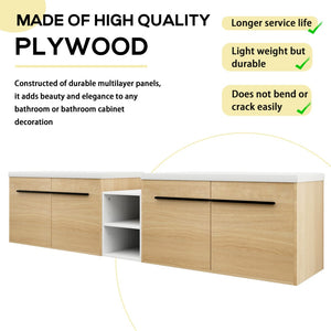 English Elm 84 Inch Wall Mounted Vanity with Resin Sink Natural Wood Grain Soft Close Doors Glossy White/Oak W1972S00055