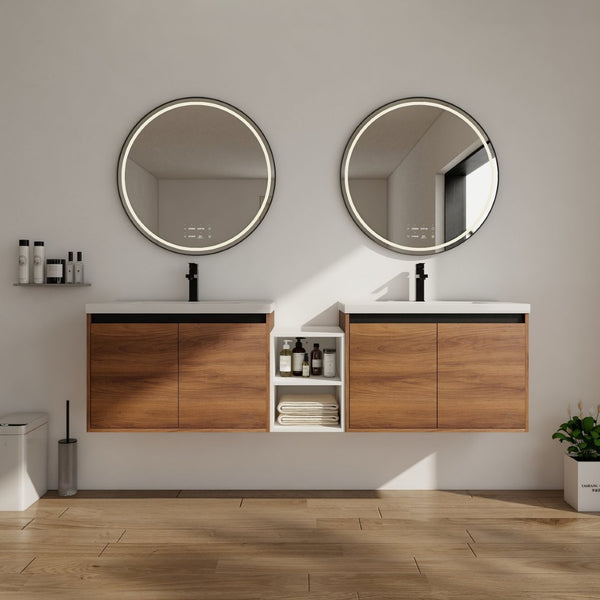 English Elm 72 Inch Wall Hung Bathroom Vanity Natural Wood Grain Resin Sink Soft Close Storage Brown Ebony/Glossy White W1972S00056