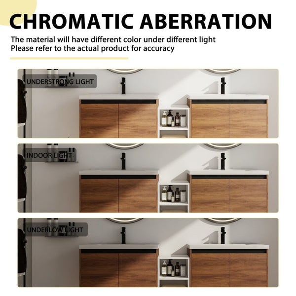 English Elm 72 Inch Wall Hung Bathroom Vanity Natural Wood Grain Resin Sink Soft Close Storage Brown Ebony/Glossy White W1972S00056