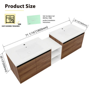 English Elm 72 Inch Wall Hung Bathroom Vanity Natural Wood Grain Resin Sink Soft Close Storage Brown Ebony/Glossy White W1972S00056