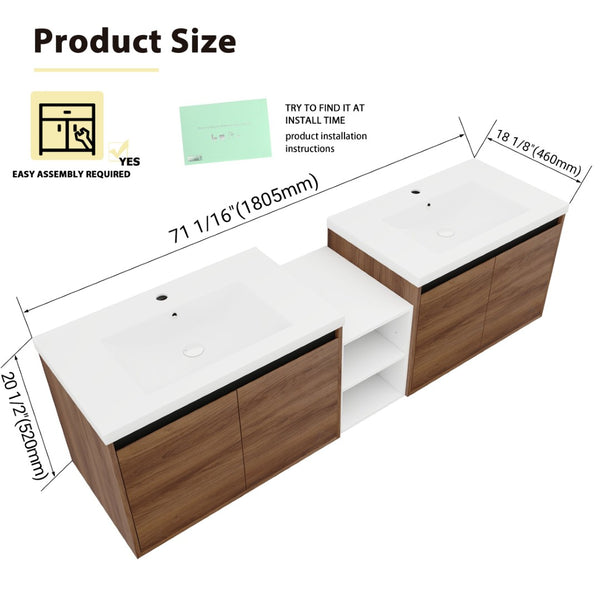English Elm 72 Inch Wall Hung Bathroom Vanity Natural Wood Grain Resin Sink Soft Close Storage Brown Ebony/Glossy White W1972S00056